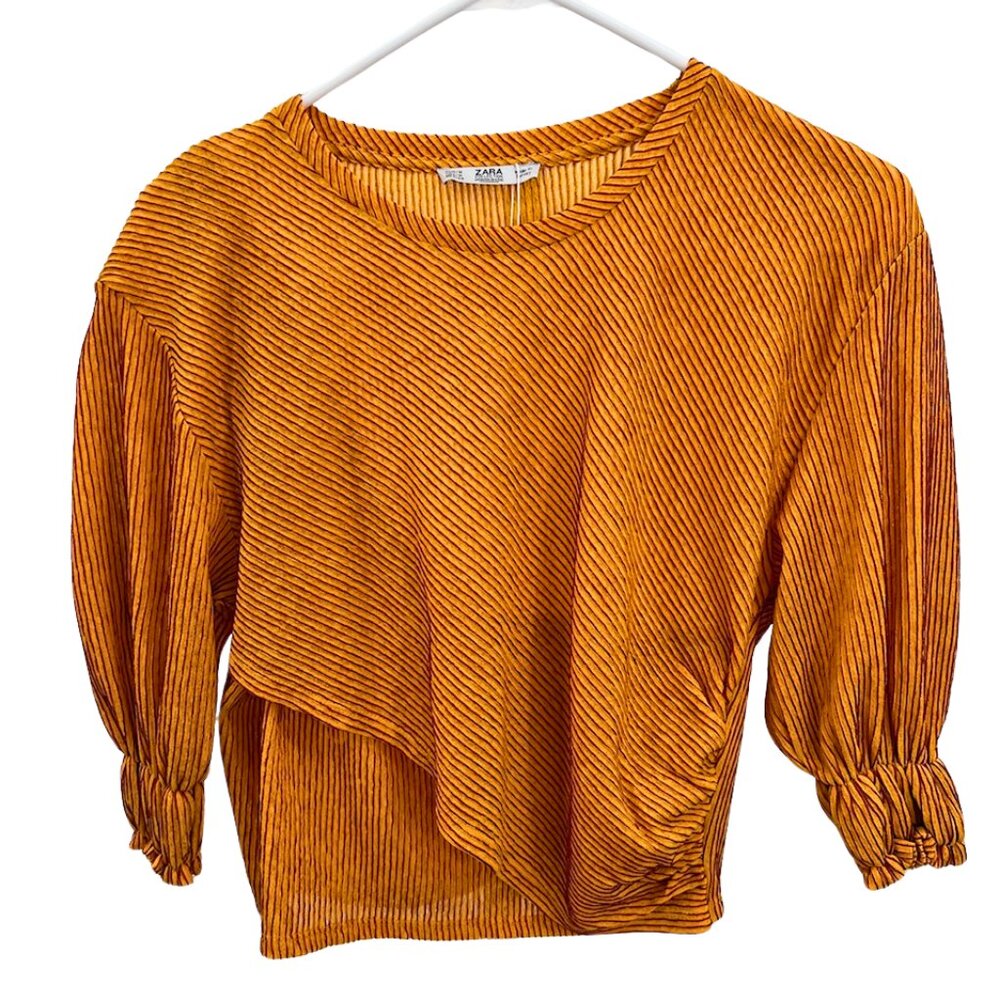 Zara Ribbed Textured Wrap Crop Top in Orange Gold - Medium, NWT